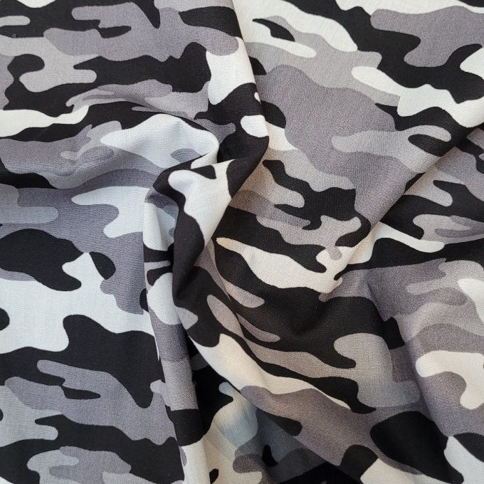 Percale camouflage blanc noir gris